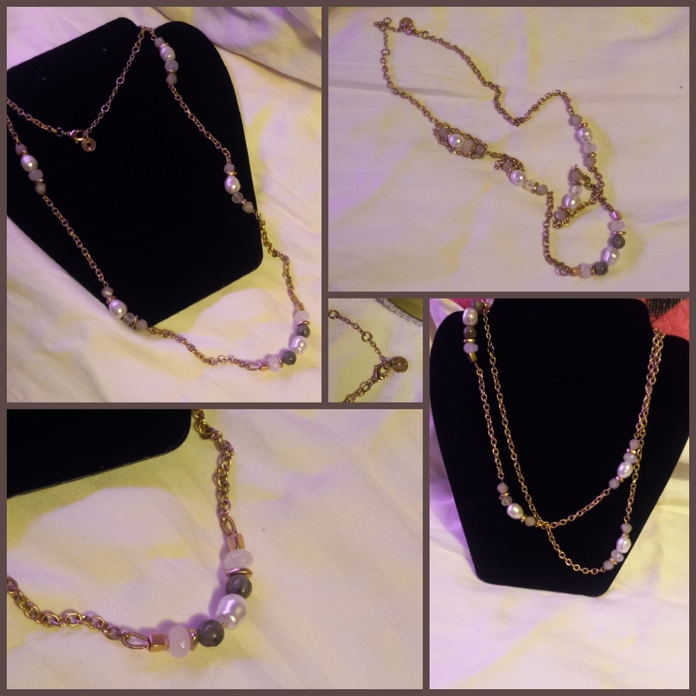 Long Gold Link Karma Bella Necklace with Purple and White Stones